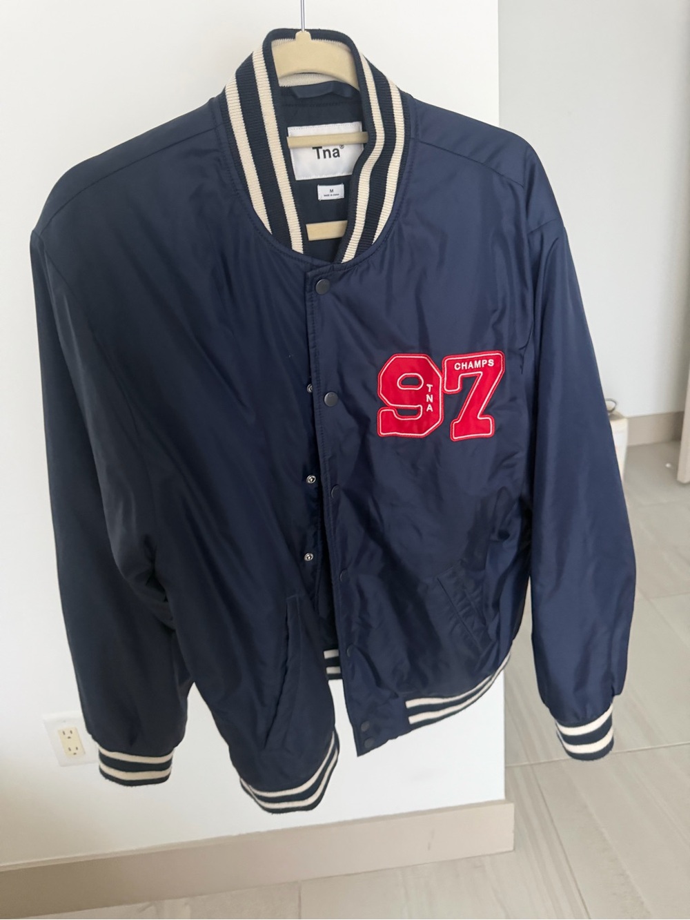 Tna Navy Varsity Bomber Jacket with Red '97' Patch